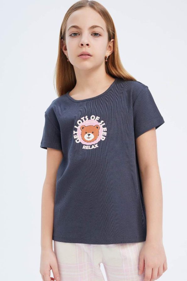 Girls' Pajama Set with Ribbed Short Sleeve Top and Long Bottoms
