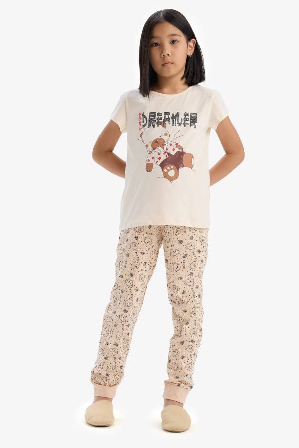 Girls' Printed Short Sleeve Pajama Set with Patterned Bottoms