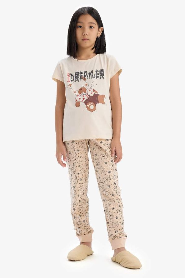 Girls' Printed Short Sleeve Pajama Set with Patterned Bottoms