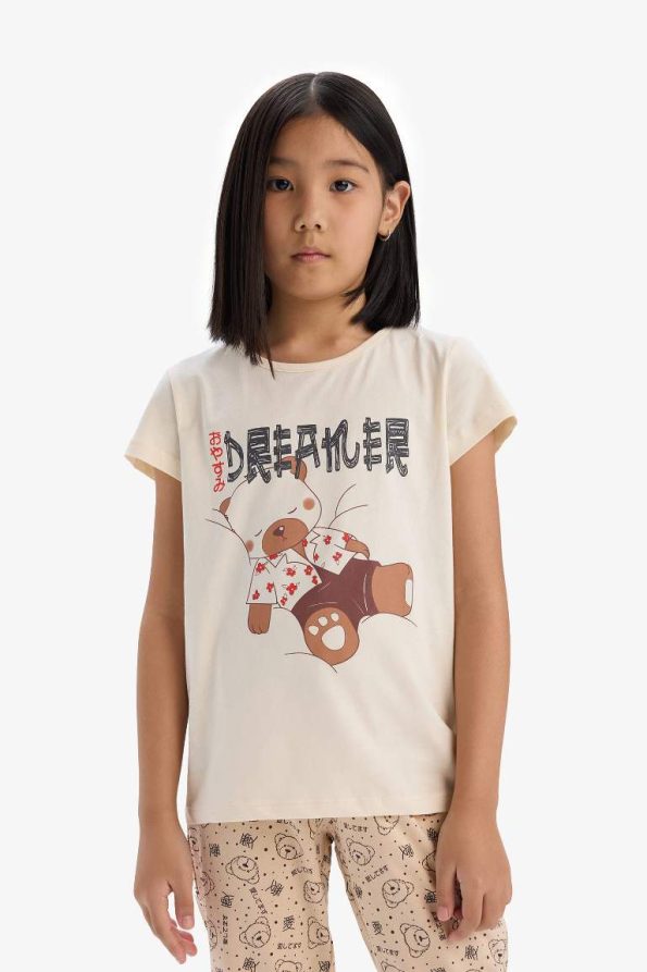 Girls' Printed Short Sleeve Pajama Set with Patterned Bottoms
