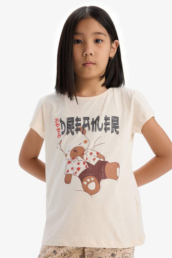 Girls' Printed Short Sleeve Pajama Set with Patterned Bottoms