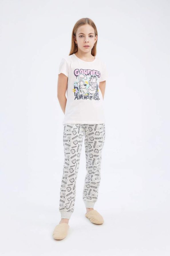 Girls' Garfield Pajama Set Short Sleeve Top Elastic Waist Long Bottom