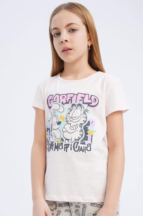 Girls' Garfield Pajama Set Short Sleeve Top Elastic Waist Long Bottom