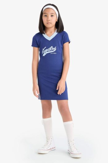 Girls' V-Neck Printed Short Sleeve Summer Dress