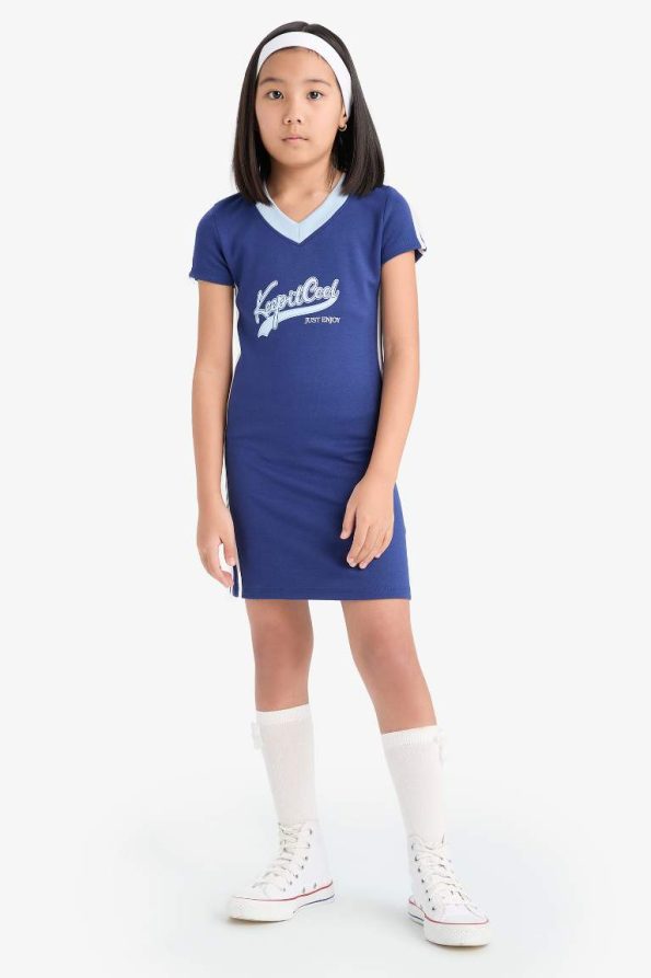 Girls' V-Neck Printed Short Sleeve Summer Dress