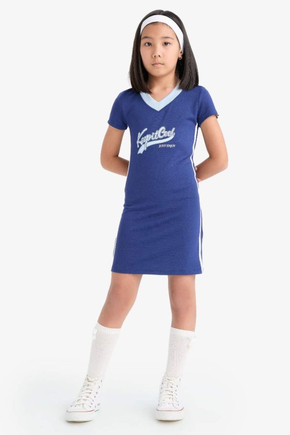 Girls' V-Neck Printed Short Sleeve Summer Dress