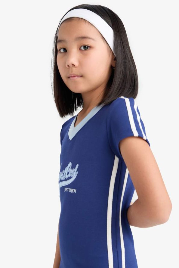 Girls' V-Neck Printed Short Sleeve Summer Dress