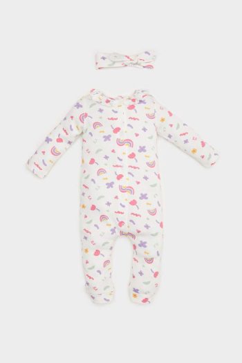 Newborn Baby Girl Rainbow Print Waffle Long Sleeve Romper with Headband