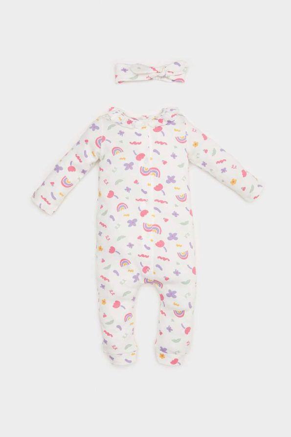 Newborn Baby Girl Rainbow Print Waffle Long Sleeve Romper with Headband