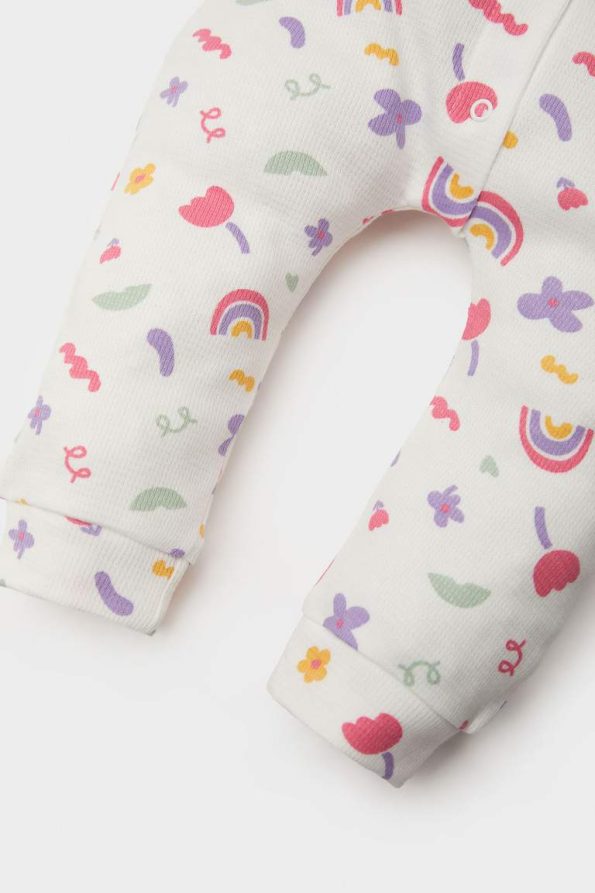 Newborn Baby Girl Rainbow Print Waffle Long Sleeve Romper with Headband