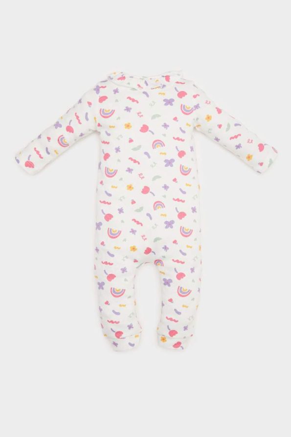 Newborn Baby Girl Rainbow Print Waffle Long Sleeve Romper with Headband