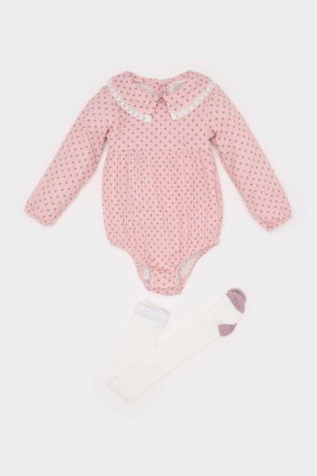Girls' Newborn 2-Piece Muslin Set with Wide Collar Long Sleeve Romper and Tights
