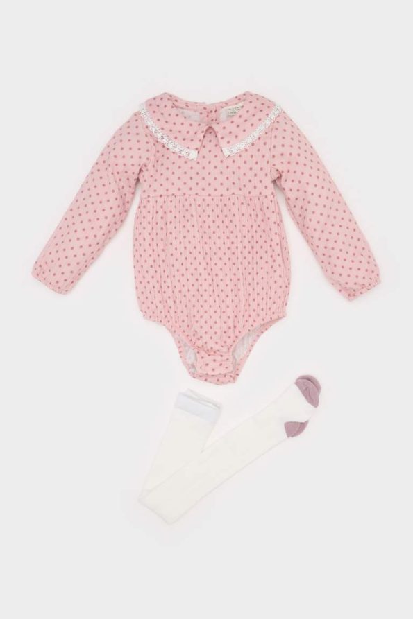 Girls' Newborn 2-Piece Muslin Set with Wide Collar Long Sleeve Romper and Tights