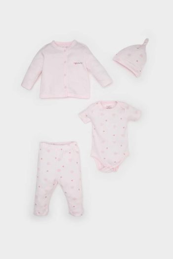 Girls' Baby Hospital Exit 4-Piece Set with Patterned Long Sleeve T-Shirt and Snaps Short Sleeve Bodysuit with Elastic Waist Pants and Hat