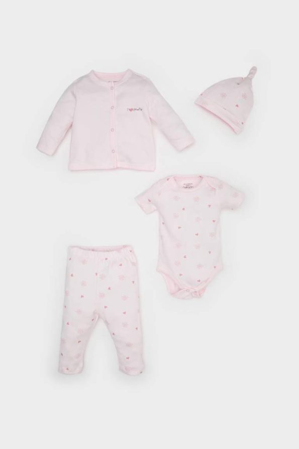 Girls' Baby Hospital Exit 4-Piece Set with Patterned Long Sleeve T-Shirt and Snaps Short Sleeve Bodysuit with Elastic Waist Pants and Hat