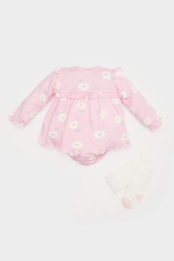 Newborn Baby Girl 2-Piece Floral Long Sleeve Romper Dress with Socks