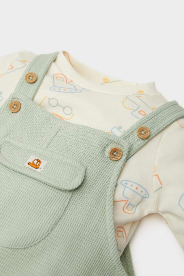 Boys' 2-Piece Set with Vehicle Print Long Sleeve T-Shirt and Overalls