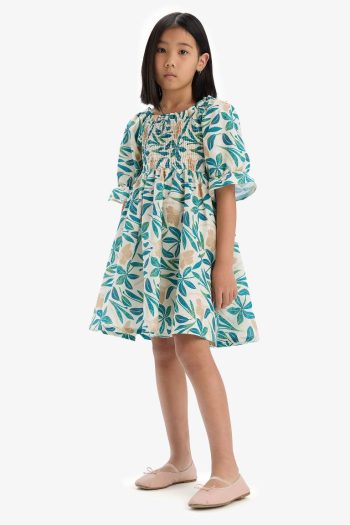 Girls' Cotton Short Sleeve Summer Dress with Print