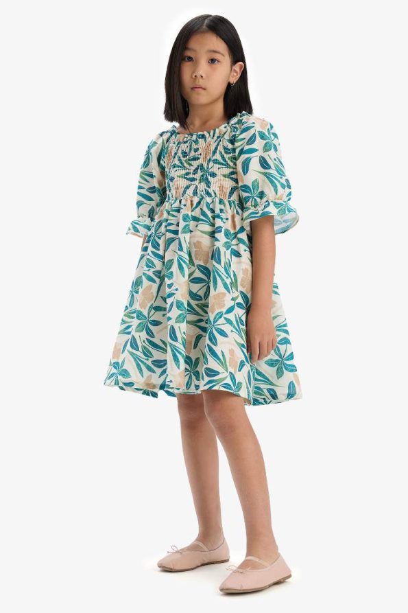 Girls' Cotton Short Sleeve Summer Dress with Print