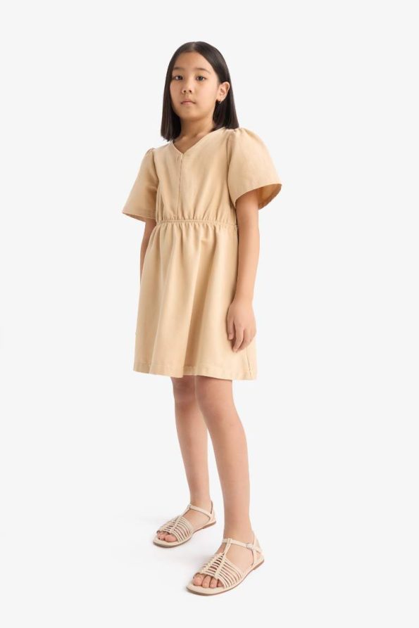 Girls' Standard Fit V-Neck Gabardine Short Sleeve Dress