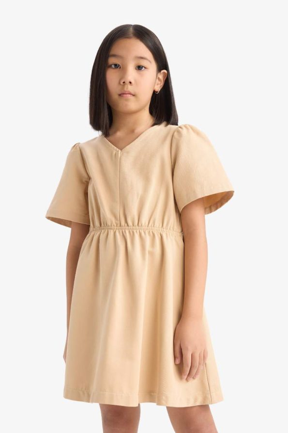 Girls' Standard Fit V-Neck Gabardine Short Sleeve Dress