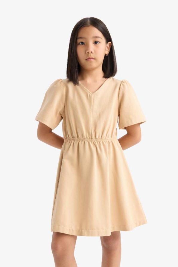 Girls' Standard Fit V-Neck Gabardine Short Sleeve Dress