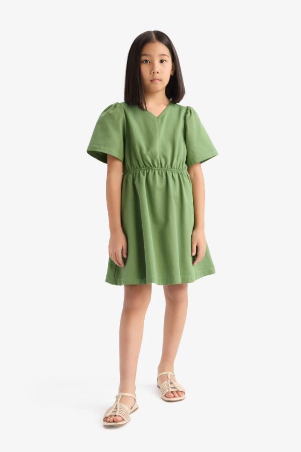Girls' Standard Fit V-Neck Gabardine Short Sleeve Dress