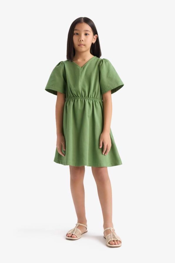 Girls' Standard Fit V-Neck Gabardine Short Sleeve Dress