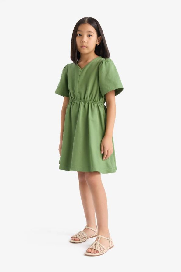 Girls' Standard Fit V-Neck Gabardine Short Sleeve Dress
