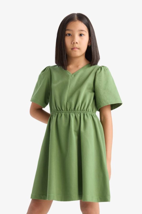 Girls' Standard Fit V-Neck Gabardine Short Sleeve Dress