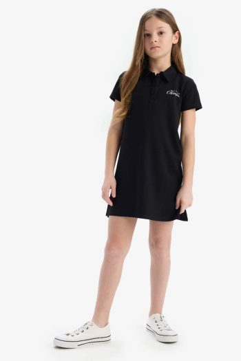 Girls' Printed Polo Collar Short Sleeve Dress