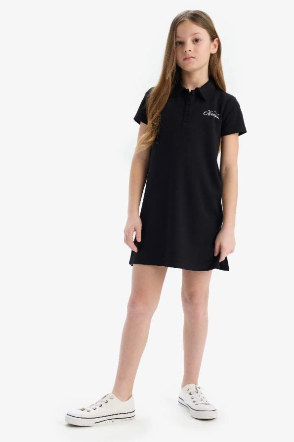 Girls' Printed Polo Collar Short Sleeve Dress