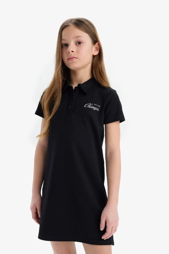 Girls' Printed Polo Collar Short Sleeve Dress