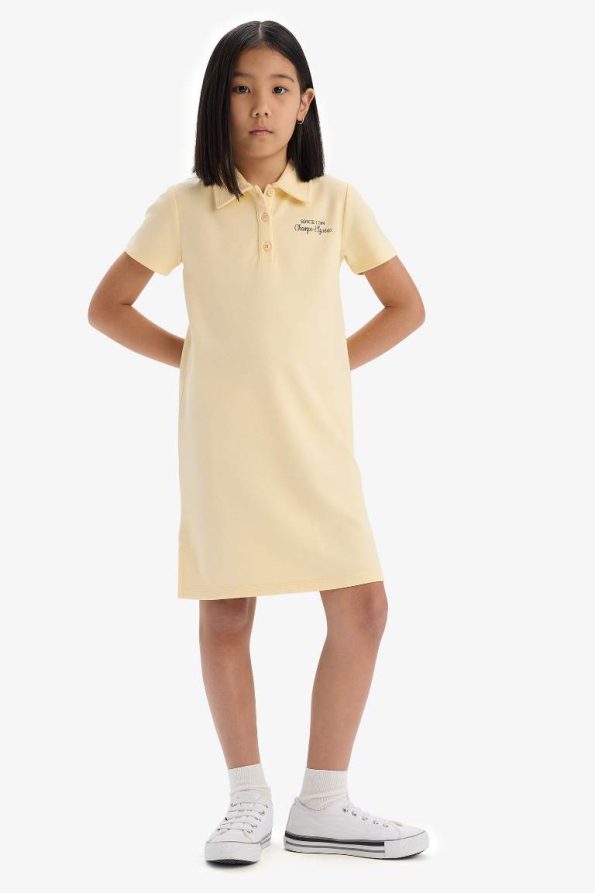 Girls' Printed Polo Collar Short Sleeve Summer Dress