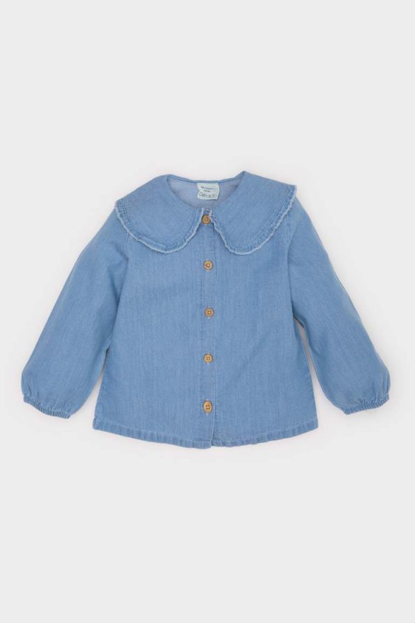 Girls' Long Sleeve Denim Look Shirt with Large Collar