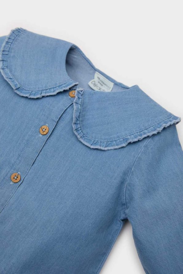 Girls' Long Sleeve Denim Look Shirt with Large Collar