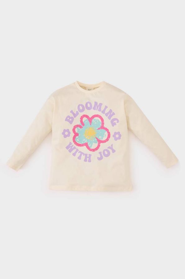 Girls' Floral Long Sleeve T-Shirt with Crew Neck