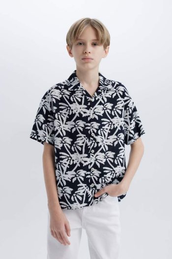 Boys' Oversized Patterned Polo Shirt with Short Sleeves