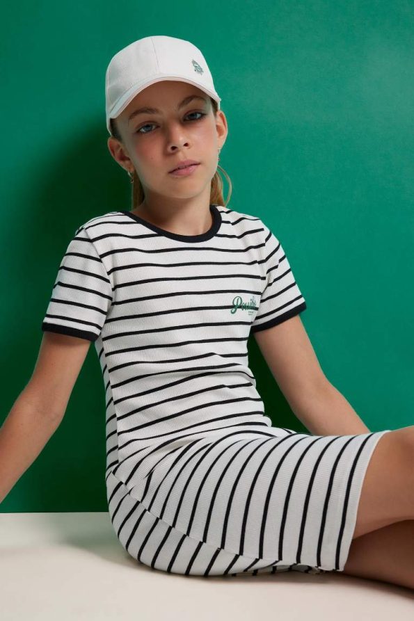 Girls' Short Sleeve Striped Dress with Ribbed Crew Neck