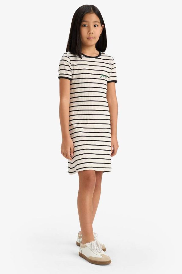 Girls' Short Sleeve Striped Dress with Ribbed Crew Neck