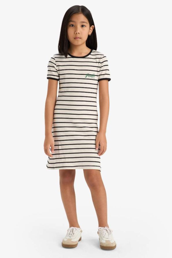 Girls' Short Sleeve Striped Dress with Ribbed Crew Neck