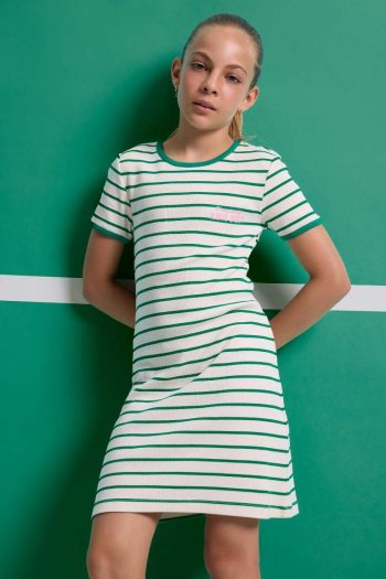 Girls' Short Sleeve Striped Dress with Bicycle Neck