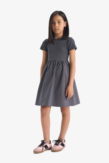 Girls' Short Sleeve Ribbed Dress with Bicycle Neck