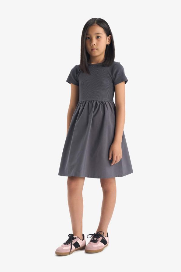 Girls' Short Sleeve Ribbed Dress with Bicycle Neck