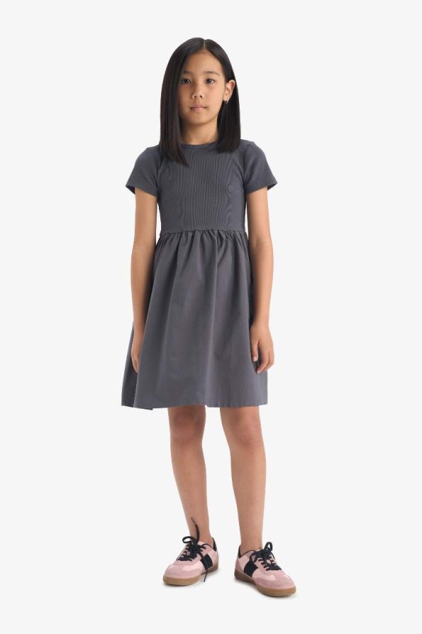 Girls' Short Sleeve Ribbed Dress with Bicycle Neck