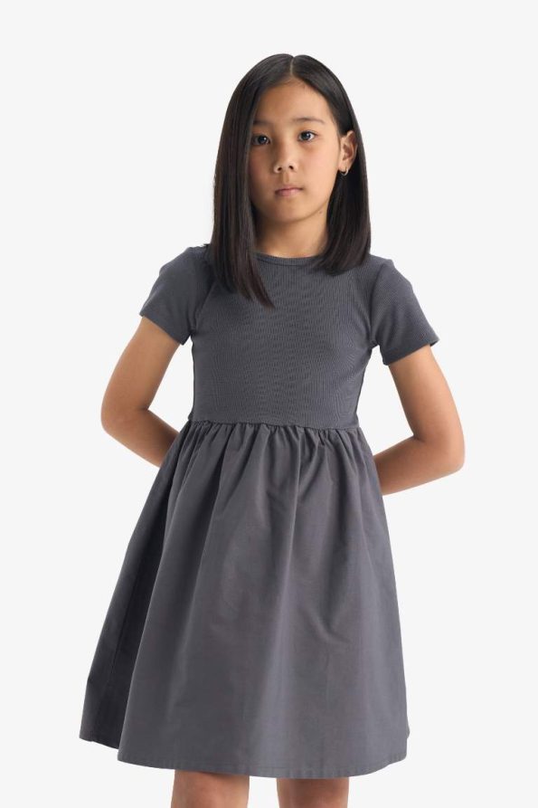 Girls' Short Sleeve Ribbed Dress with Bicycle Neck
