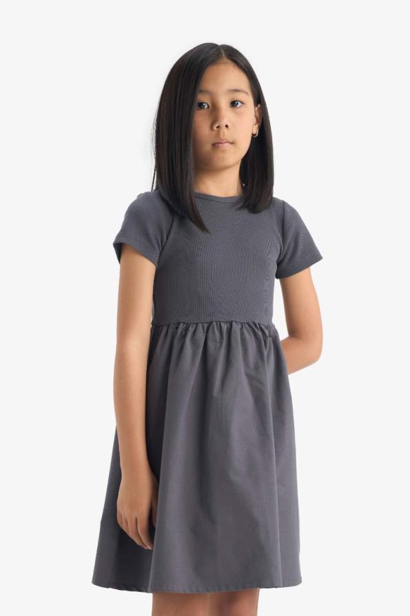 Girls' Short Sleeve Ribbed Dress with Bicycle Neck