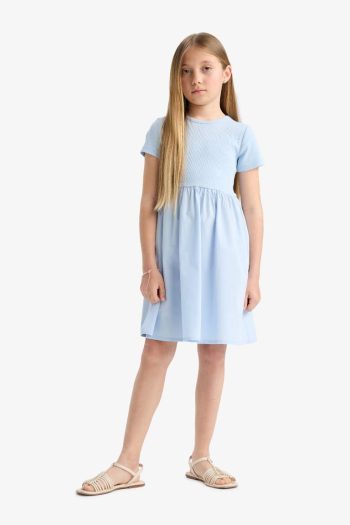 Girls' Short Sleeve Ribbed Dress with Bike Neckline