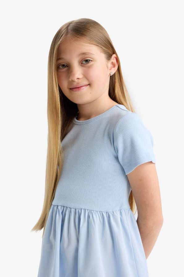 Girls' Short Sleeve Ribbed Dress with Bike Neckline