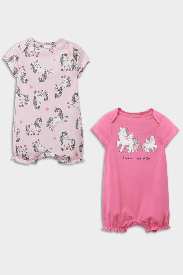Newborn Girl Unicorn Print Cotton Short Sleeve Romper Set